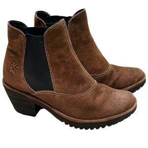 Fly London Wote Chelsea Heeled Booties Womens Ranch Brown Suede Shoes Size 6.5
